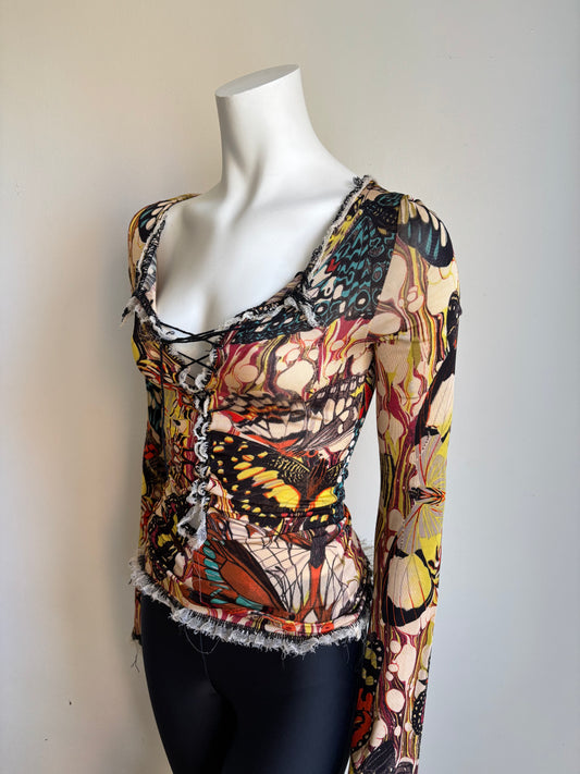 Jean Paul Gauthier Butterfly Print Mesh Lace up Top SS2003